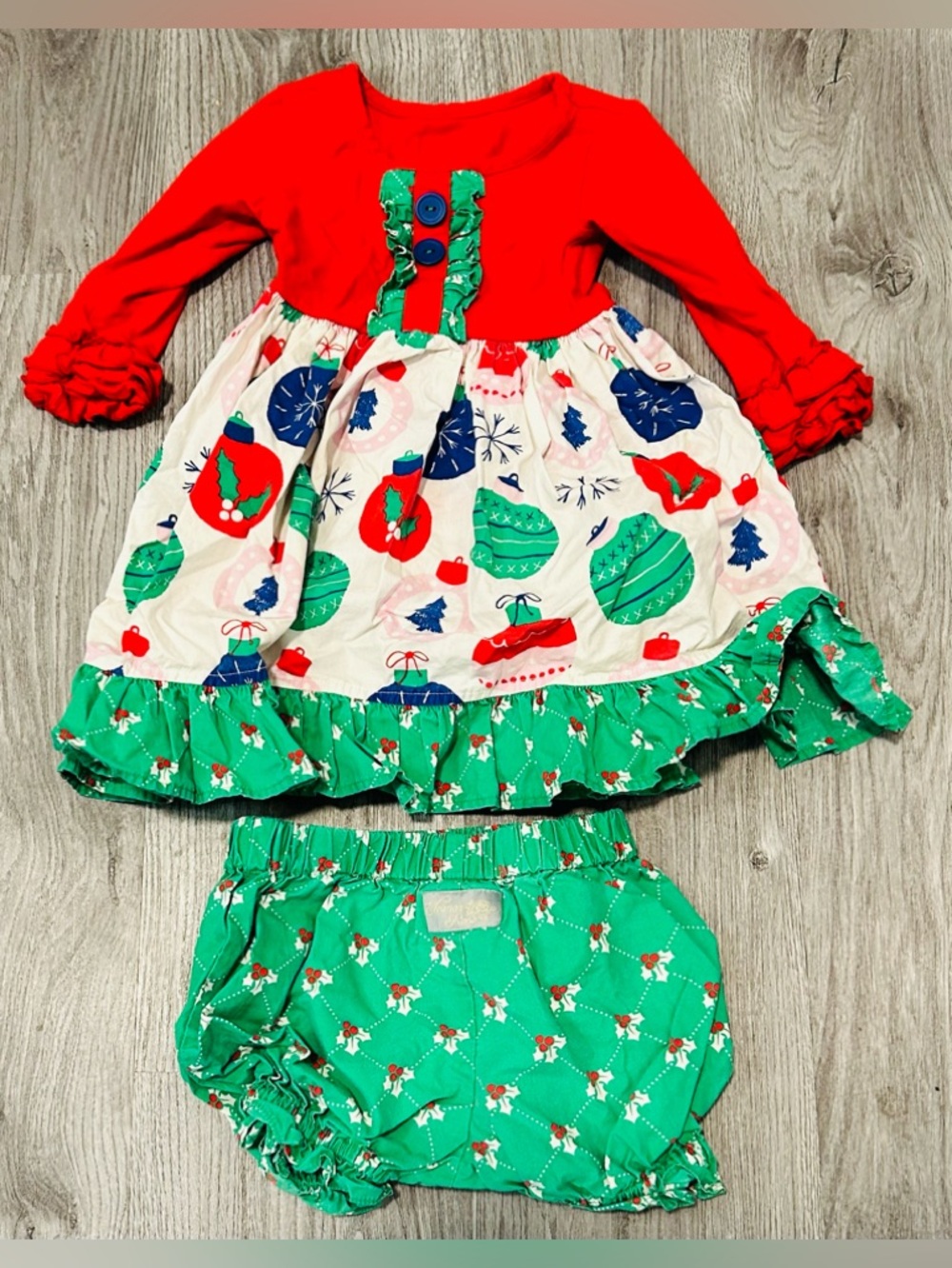 Eleanor Rose 2T Red, Green and White Holiday Ornament Dress and Bloomers Set